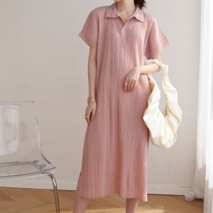 Miyake Style Pleated Dress Women Korean Polo Lapel Solid Color Loose Fit Casual Daily Long Dress 7529
