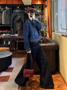 Modern Retro High Waist Deep Blue Extended Loose Casual Denim Wide Leg Pants Slimming Floor-Length Trousers for Women
