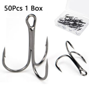 50Pcs/Box Black Nickel Super Sharp Fishhooks Treble Fishing Hooks High Carbon Steel Matte Tin Round Bend for Bass Fishing Tackle