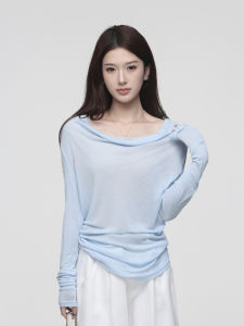 Slimming Fashionable Long Sleeve Womens T-Shirt GZQJ Lazy Weave Light Straight Tube Top Spring Base Layer Shirt Classic Pattern