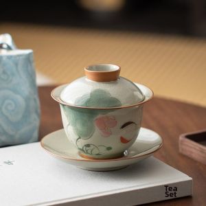 Handpainted Ice Glaze Lotus Tea Cup Gaiwan with Bag