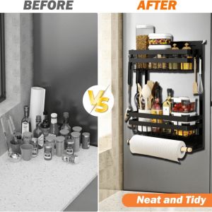 3 in 1 Magnetic Shelf Magnet Rack Kitchen Storage Rack Wall Hanging Storage Rack Paper Holder Rack Refrigerator Rack with 4 Hooks Wall Mounted Shelf for Microwave Oven Washing Machines Refrigerator