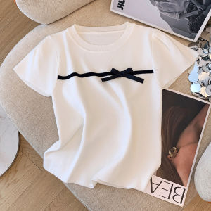 Áo Thun Ngắn Tay Dệt Kim Thắt Nút Bướm Mùa Hè Nữ Phong Cách Ngắn Ôm Vừa Vặn Vai Áo Phiên Bản Hàn Quốc Cắt Thẳng