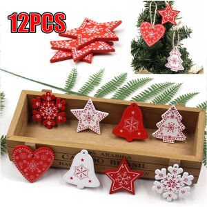 YESPERY 12pcs Wood Chip Christmas Pendants Ornaments Xmas Tree decorations for Home Christmas Party Decoration