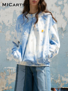 Fashionable Beaded Tie-Dye Sweatshirt Womens Unique Design Spring Summer New Arrival Cotton round Neck Long Sleeve Straight Cut