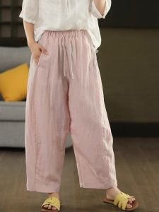กางเกงขายาวทรงหลวมเอวสูงผ้าลินินผสมคอตตอนสำหรับผู้หญิง ฤดูร้อน 2025 กางเกงขายาวทรงหลวมสไตล์ลำลอง ทรงตรง ทรงหลวม ทรงหลวม ทรงหลวม