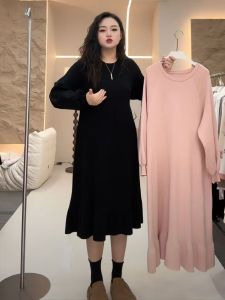 ชุดเดรสยาวถักนิตติ้งสไตล์เกาหลี สวมใส่สบาย แขนยาว ปกโปโล ฤดูใบไม้ร่วง ผ้าฝ้ายผสมโพลีเอสเตอร์ ทรงหลวม เอวเข้ารูป