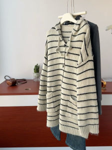MANMI | Striped Hooded Sweater Loose Fitting Knit Cardigan