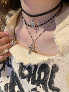 Retro Multi-Layered Cross Beaded Necklace for Women Dark Punk Style Layered Clavicle Chain Millennium Spicy Girl Y2K Accessories