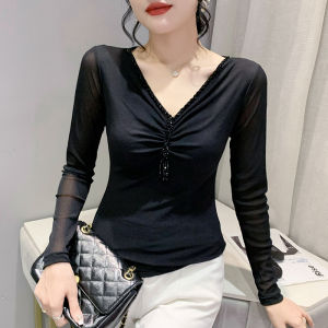 Yimei Áo Thun Tay áo dài cổ chữ V thời trang và gợi cảm với áo thiết kế Châu Âu và đính cườm áo nhỏ lưới màu đen đa năng cho nữ trong mùa xuân và mùa thu