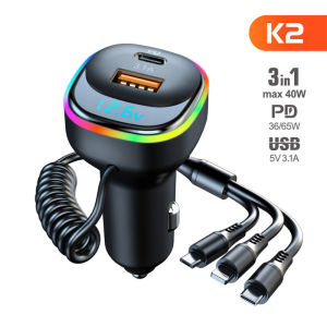 65W USB Car Charger Quick Charge QC4.0 QC3.0 FCP AFC Type C Car USB Fast Charging 3 in 1 Fast Charging Cable For iPhone Huawei