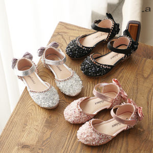 New Kids Leather Shoes Girls Wedding Shoes Children Princess Sandals Sequins Bow Casual Dance Shoes Flat Sandals