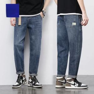 ROMON | Romon Mens Summer Thin Loose Straight Casual Jeans Elastic Nine-Piece Long Pants Cotton Stretch Denim Mid-Waist Zipper Fly