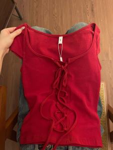 Stylish Bows Shoelace Short-Sleeved T-shirt Womens Summer Small Retro Red Slimming Slimming Short Top