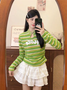 Áo Thun Nữ Tay Dài Họa Tiết Sọc Thêu Chữ Ngọt Ngào Mới Thu Nhỏ Eo Ngắn Thường Ngày Cotton Polyester Trang Phục Công Sở Mùa Hè 2024