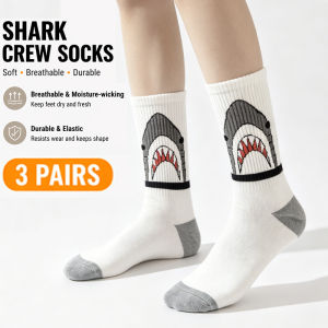 3 Pairs Novelty Shark Crew Socks for Men Women Funny Animal Shark Teeth Design Mid Calf Tube Socks Cotton Comfortable Breathabl
