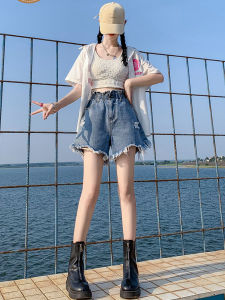 กางเกงขาสั้นยีนส์ขาดๆ ชายรุ่ย กางเกงขายาวเอวสูง กางเกงขายาวทรงหลวม สำหรับผู้หญิงไซส์ใหญ่ ฤดูร้อน 2025 กางเกงขายาวทรงหลวม