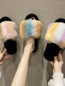รองเท้าแตะผู้หญิงแบบเปิดหน้าบุขนสัตว์สไตล์ใหม่ 2025 รองเท้าแตะแบบสวมบุผ้าฝ้าย รองเท้าแตะสำหรับใส่ในบ้าน รองเท้าแตะแบบสวมที่สวมใส่สบาย