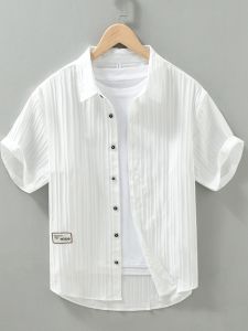 เสื้อเชิ้ตแขนสั้นผ้าบล็อกสีน้ำแข็งสำหรับผู้ชาย ทรงหลวม ระบายอากาศได้ดี แฟชั่นฤดูร้อน ทรงหลวม ทรงหลวม ทรงหลวม