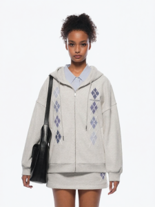 ANN ANDELMAN | Contrast Color Rhombus Pattern Hooded Zip-Up Jacket Casual Set