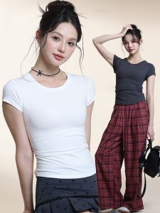 MiiOW | Áo thun nữ cổ tròn tay ngắn dáng ôm vừa vặn mùa hè 2025 MiiOW Cat Person Sweet Spicy Shoulder T-Shirt Áo thun nữ thời trang
