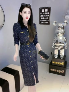 Fashionable European Style High Waist Long Sleeve Polo Collar Mid-Length Womens Dress Slimming Meat Covering Autumn New Arrival