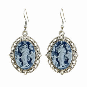 Vintage Blue White Virgin Mary Cameo Earrings Oval Madonna With Angels Glass Pendant Earrings For Women Christian Jewelry