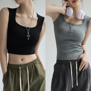 Gray Tank Top Vest Wide Shoulder Straps Bust-Concealing Square Collar