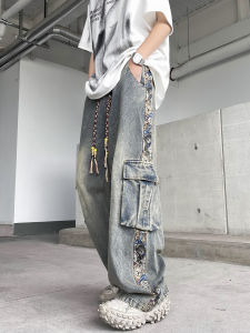 Washed Vintage Workwear Jeans Mens Summer American Trendy Brand Design Patchwork Loose Casual Wide Leg Straight Leg Pants