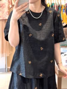QINGNAER | Retro Crackle Pattern Embroidery Short Sleeve Shirt Plus Size