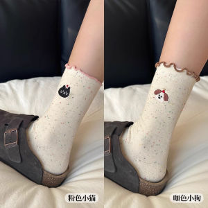 Cute Cat Pattern Cotton Blend Womens Mid-Calf Socks Breathable No-Cuff Comfortable All-Season Long Tube Socks for Ladies