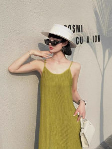 Chiba Casual Fashion Pleated Camisole Skirt Womens Solid Color Simple Stylish Strap Dress Polyester Fabric A-Line Skirt