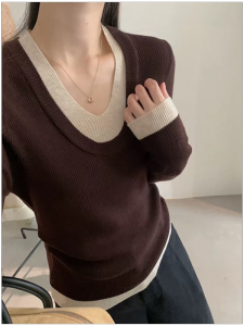 เสื้อชั้นในถักคอวีสไตล์เกาหลีสำหรับผู้หญิง ฤดูใบไม้ร่วง/ฤดูหนาว เสื้อชั้นในทรงเข้ารูป แขนยาว ผ้าฝ้ายผสมโพลีเอสเตอร์