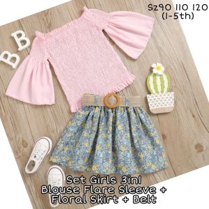 SETELAN ANAK PEREMPUAN IMPORT KOREAN STYLE 3IN1 BLOUSE FLARE SLEEVE FLORAL SKIRT FREE BELT