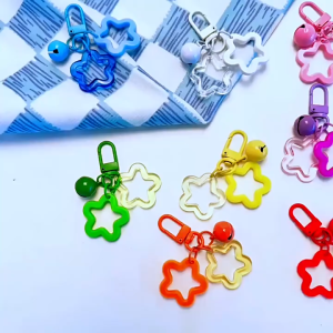 10pcs Colorful Acrylic Hollow Five-pointed Star Keychain Pendant with Enamel Bell Accessory for phone Case & bag