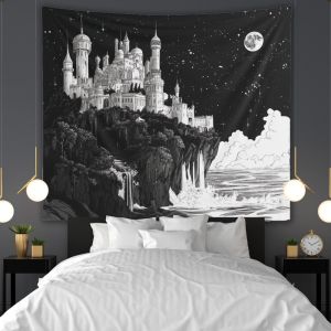 VIKAMA Black and White Castle Starry Sky Tapestry Dark Living Room Background Cloth Room Decoration Home Decoration
