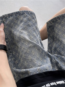 American Denim Shorts Mens Street Handsome Loose Fashion Brand Retro Washed Jacquard Pants Boys Straight-leg Fifth Pants