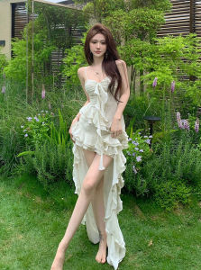 French Floral Lace Trim Irregular Halter Dress Women Summer Elegant Beach Vacation Beach Skirt Korean Style Backless Waist Shaping Mid-Length V-neck A-line Dress