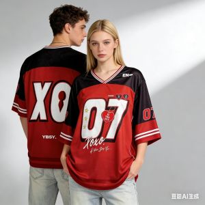 Xo&07 Pattern V-Neck WomenS Jersey T-Shirt Oversized Loose Short Sleeved Casual Hip-Hop Street Dance Outfit Fashionable Top