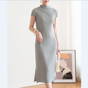 Miyake Pleated High-end Fashion Dress Thin Stand-up Collar side slit #7876