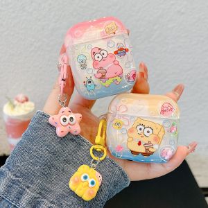 【New】Wave Anime Cartoon SpongeBob & Patrick Pattern Thickening IMD Earphone Protective Case Pattern with Pendant For AirPods Gen 1/2 Gen 3 4 Pro Pro2 Earphones