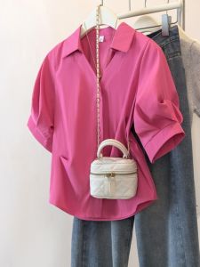 เสื้อเชิ้ตแขนสั้นสีม่วงเดปอสำหรับผู้หญิงในช่วงฤดูร้อน เสื้อเชิ้ตสไตล์ฝรั่งเศสขนาดใหญ่ เสื้อคลุมเอวเข้ารูป ทรงหลวม สไตล์เกาหลี