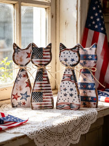 4th of July Patriotic Cat Shaped Table Sign Vintage American Star Stripes Cat Statue Rustic Independence Day Home Desktop Decor