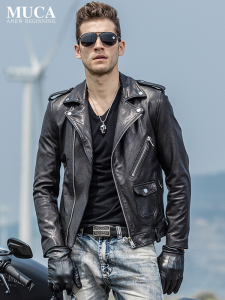 เสื้อหนังใส่ขี่มอเตอร์ไซค์แฟชั่น สำหรับผู้ชาย เสื้อหนังแท้ ฤดูใบไม้ร่วง มีซิปเฉียง สีอักเดียวกับลูกค้า