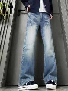 izzue | Trendy Street American Washed Jeans With Lightning Stripe Casual Pants Mens Summer Loose Flared