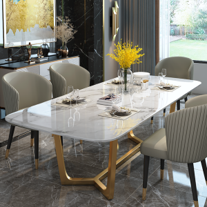 Accessible Luxury Bright Stone Plate Dining Table Modern Simple Stainless Steel High-End Dining Tables and Chairs Italian Marble Dining-Table Rectangular