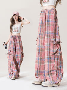 Vintage Grid Drawstring Dual Pockets Convertible Style Cargo Pants High Waist Summer Trousers