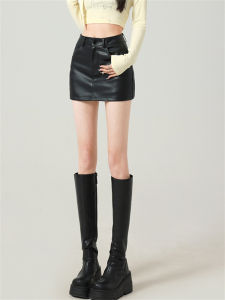 Black High Waist A-Line Mini Skirt Womens PU Leather Skirt Short Biker Skirt Slimming Effect Autumn Fashion with Sweater