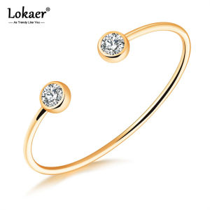 Lokaer Trendy Titanium Stainless Steel Open Bangles For Women Girl Gold Plated Bezel Setting Cubic Zirconia Cuff Bracelet B18094
