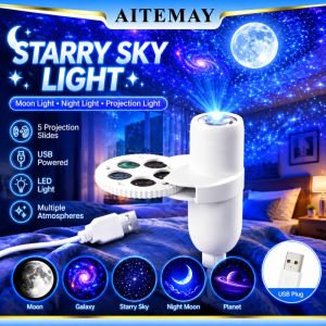 Aitemay USB Galaxy Star Projector Night Light 15 Patterns Clear Image 3W LED Mini Starry Sky Lamp 360 Rotation Bedroom Decor 185mm White